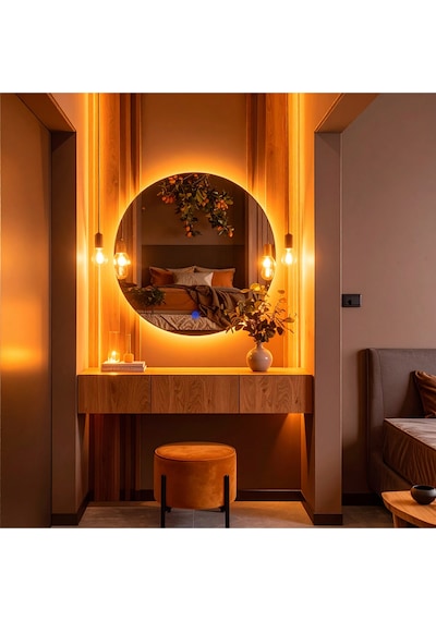 Swirl Amber Led'li Lazer Kumlamalı Lavabo & Banyo Aynası Dokunmatik Sensörlü 70 X 70 Turuncu