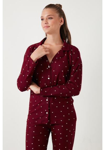 Lela Streç Standart Fit Düğmeli Bayan Pijama Takımı 60956601 Bordo