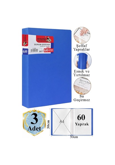 Mavi Sunum Dosyası 60 Lı 3 Adet Poşet Dosyalı Katalog Dosyası 60 Poşetli Kendinden Dosya Plastik Kapaklı Mavi