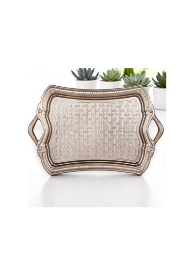 Alisveristime Osmanlı Motifli Dikdörtgen Metal Servis Tepsisi Kulplu 2 Kişilik Sunum Tepsisi, 37 X 23 Cm, 373 G,