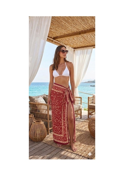 Nazzain Kilim Desen Puantiyeli Desenli Bağlamalı Yırtmaçlı Pareo Plaj Eteği Bikini Üstü Plaj Giyim Yazlık Beachwear 150x95 Cm Çok Renkli