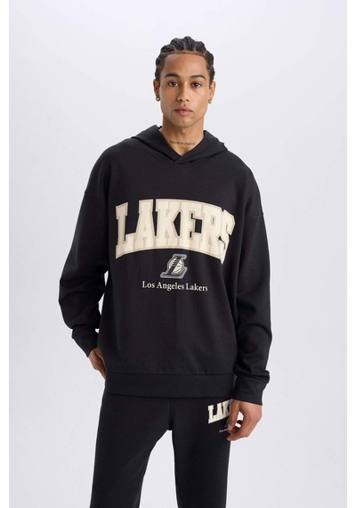 DeFactoFit NBA Los Angeles Lakers Oversize Geniş Kalıp Kapüşonlu Skuba Dalgıç Kumaş Sweatshirt D6709AX25SPBK82