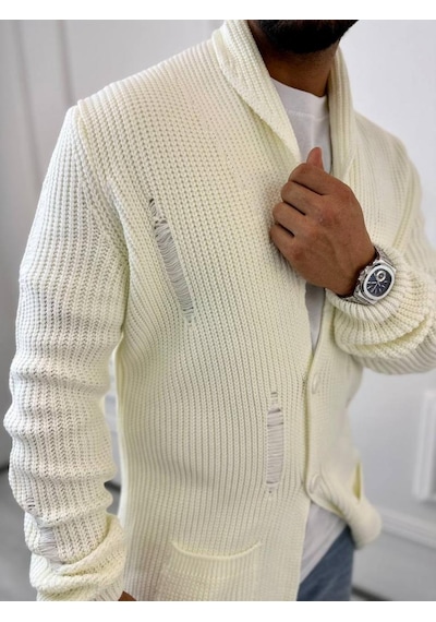 Elku Moda Hırka Örgülü Şal Yaka Cepli Lazer Kesim Yırtık Detaylı Tüylenmez Örgü Triko Hırka Beyaz Elku Moda Hırka Örgülü Şal Yaka Cepli Lazer Kesim Yırtık Detaylı Tüylenmez Örgü Triko Hırka Beyaz