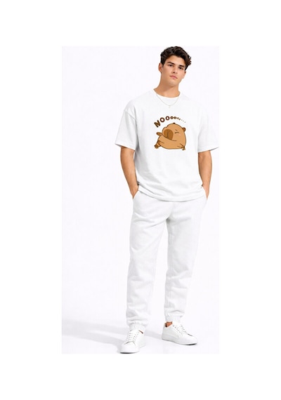 Sevgili Kombini Sevimli Ayı Baskılı Çift Tişört Oversize Unisex P Beyaz