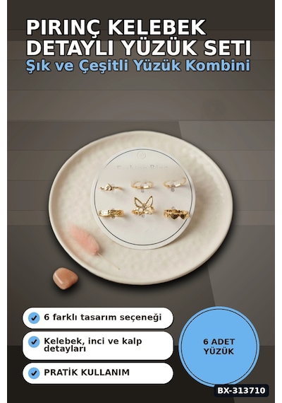 Pirinç 6'li Kelebek Detayli Yuzuk Seti 7-8 Numara Rengi Bijuteri Bx-313710 Çok Renkli