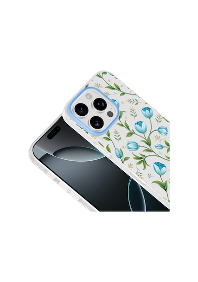 iPhone 16 Pro Max Kılıf Kamera Korumalı Desenli Zore Klip Kapak - Mavi Lale -