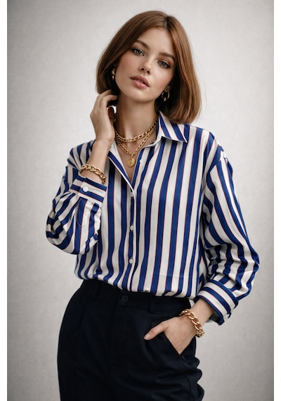 Ribana Classic Kadın Çizgili Saten Kumaş Klasik Yaka, Önü Düğmeli Uzun Kollu, Manşet Bitişli Gömlek 3971 Mavi Ribana Classic Kadın Çizgili Saten Kumaş Klasik Yaka, Önü Düğmeli Uzun Kollu, Manşet Bitişli Gömlek 3971 Mavi