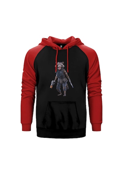 Galaksinin Koruyucuları Roket Rakun Kırmızı Renk Reglan Kol Kapşonlu Sweatshirt Kırmızı