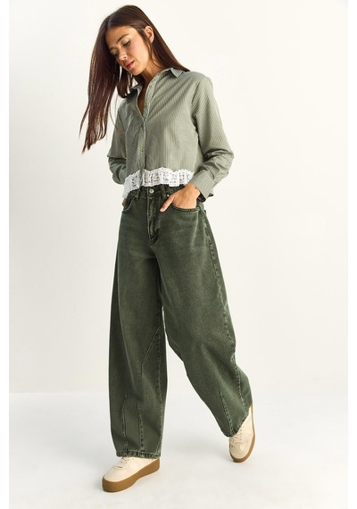 Shade Kadın Vintage Yıkamalı Baggy Kesim Rahat Kalıp Denim Pantolon 703 60286060 - Haki