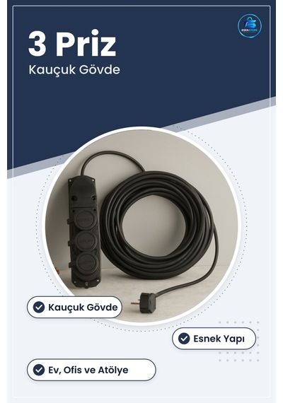 Grup Priz Uzatma Kablosu 3 Prizli Kauçuk Gövdeli Dayanıklı Esnek 1.5