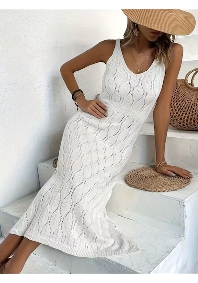 Veraura Lifestyle Kadın Askılı V Yakalı Uzun Triko Elbise BEYAZ