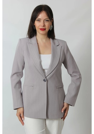 Moda Berray 1906 Gri Çizgili Fermuarlı Cep Aksesuarlı Kadın Büyük Beden Blazer Ceket Gri