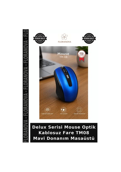 Delux Serisi Mouse Optik Kablosuz Fare Tm08 Mavi Donanım Masaüstü