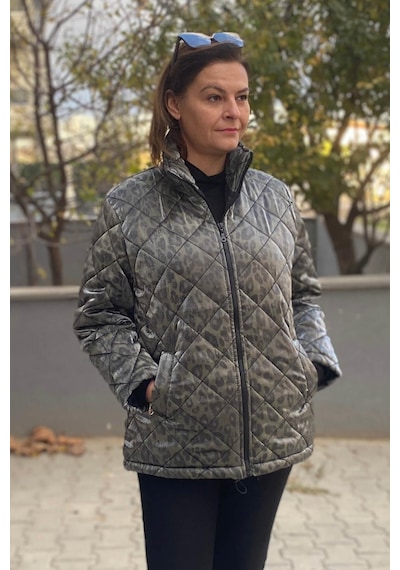 Mia Butik Büyük Beden Haki Leopar Desenli Mont-1559 Haki