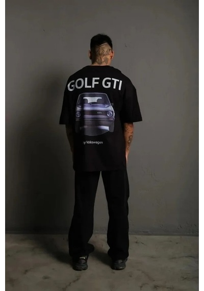Vexor Erkek Oversize Baskılı Tişört Golf Gtı Retro Araba Desenli, Ön - Arka Dijital Baskı, Sokak M Siyah