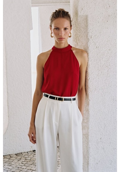 Sateen Halter Yaka Bluz - Kırmızı-137733