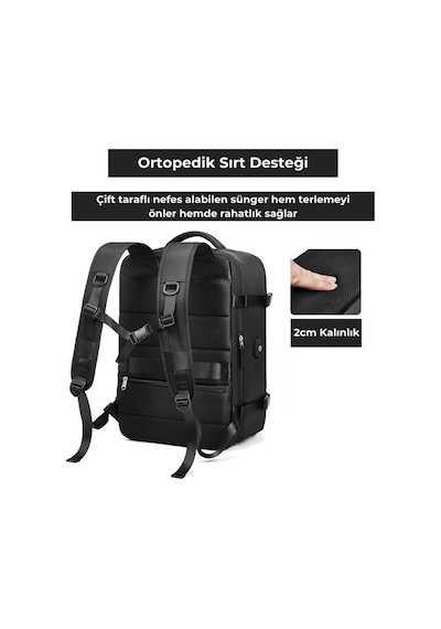 Su Geçirmez 16" İnç 39l Ayakkabı Bölmeli Seyahat Sırt Çantası - Laptop Bölmeli, Usb Şarj Girişli Siyah