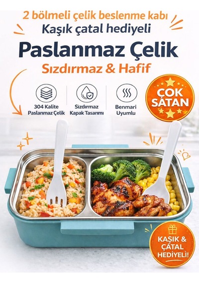 Benmarili Paslanmaz Çelik Yemek Kabı 2 Bölmeli Beslenme Kabı Saklama Kabı Diğer