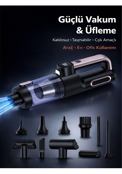 20000pa Şarjlı Araç İçi Süpürge 6000mah 120w Led Fenerli Kablosuz El Süpürgesi Dikey Vacuum Siyah
