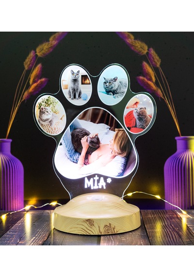 Pati Tasarımlı Kedi Fotoğraflı Led Lamba - İsim Yazılı Kedi Sahibine Doğum Günü Hediyesi