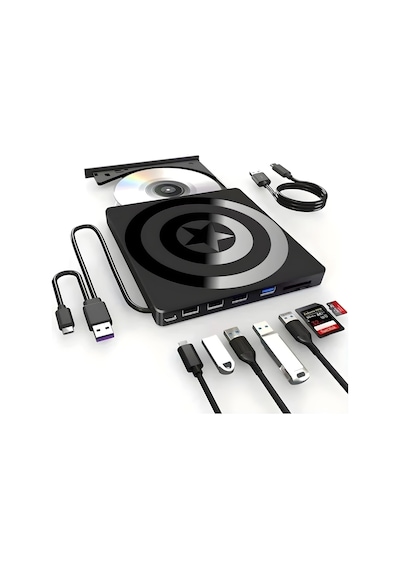 Valkyrie Harici Cd Dvd Okuyucu Yazıcı Usb 3.0 Type-c Hub Sd Tf Kart Okuyucu 4 Usb Portlu İnce Taşınabilir