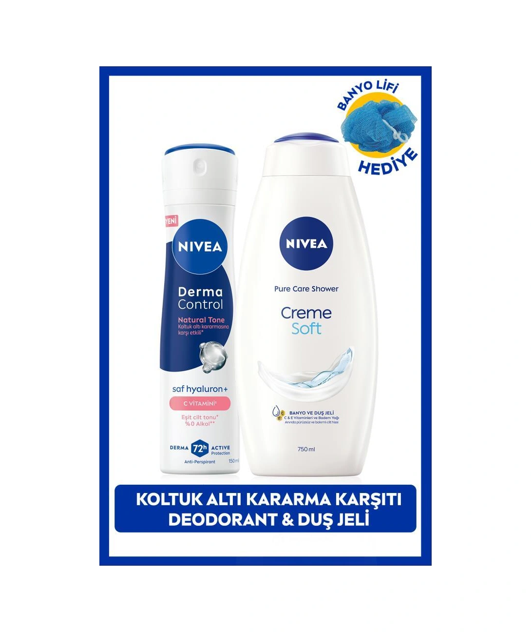 Kadın Sprey Deodorant Derma Control Natural Tone150ml Ve Creme Soft Duş Jeli 750ml,banyo Lifi Hediye