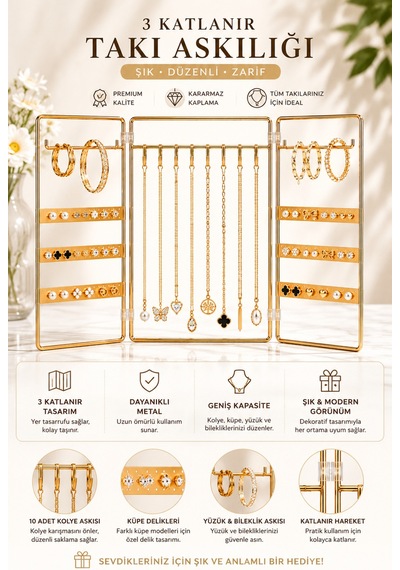 Katlanabilir Metal Takı Organizeri 3 Panelli Gold Küpelik Kolye Askılığı Bileklik Ve Yüzük Düzenleyici Altın