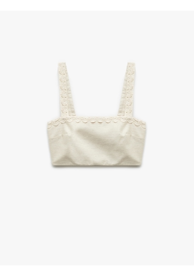 Koton Koton X Melis Ağazat - Astarlı Keten Karışımlı Kolsuz Kare Yaka Çiçekli Askılı Crop Büstiyer Bej 5sak30061uw Ekru