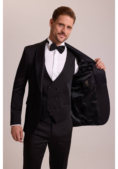Ysf Erkek Siyah Şal Yaka Yelekli Slim Fit Damatlık