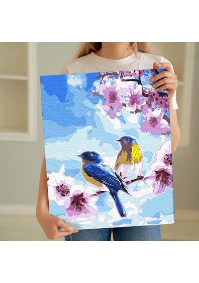 Sayılarla Boyama Seti 40 x 50 CM Tuval Şasesine Gerili Bahar Dalında Kuşlar
