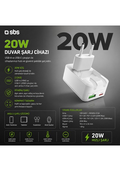Sbs Flexi 20w Gan Katlanabilir Hızlı Şarj Adaptörü Usb-c Pd 20w + Usb-a Afc 18w Çift Çıkış Beyaz