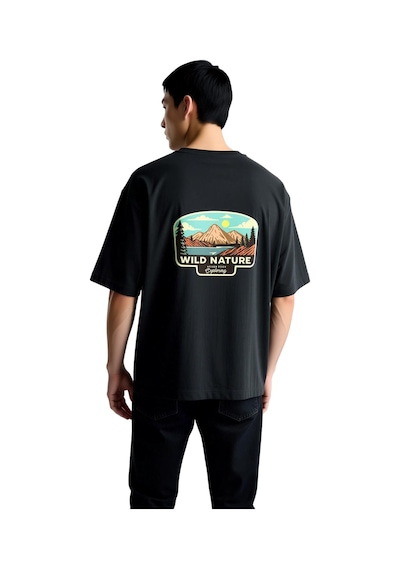 Paybuy Erkek Oversize Tişört Dağ Manzara Baskılı Outdoor Keşif Teması Re Siyah