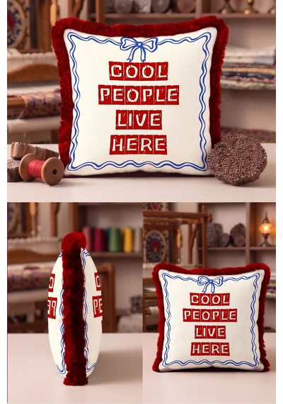 Cool People Live Here Yazılı Saçaklı Yastık Kılıfı-nostaljik Yazı Krem Bordo Püsküllü Kırlent Kılıfı Sarı