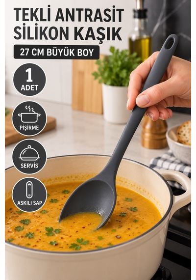 Tekli Antrasit Büyük Boy Silikon Kaşık 27 Cm Mutfak Yemek Pişirme Ve Servis Kaşığı Mutfak Yardımcısı
