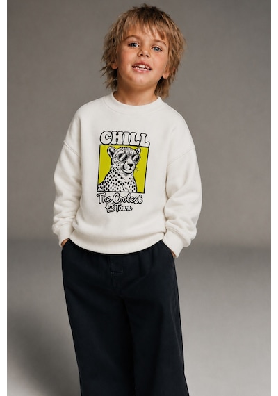 Monila Erkek Çocuk 3 İplik Kumaş Leopar Baskılı Pamuklu Sweatshirt Ekru