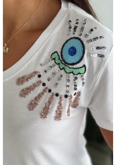 Femelle Kadın Beyaz V Yaka Omzu Nakış Ve Pul Payet İşlemeli %100 Pamuk T-shirt