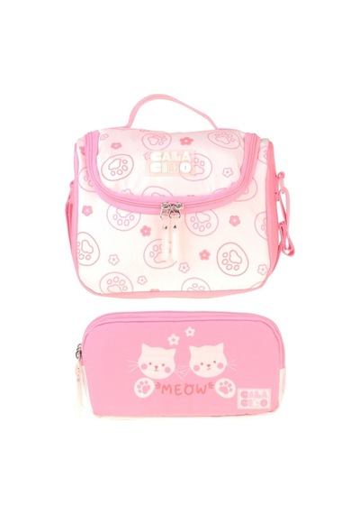 Calacilo Kedi Baskılı Kız Çocuk Pembe Renk Beslenme Çantası Ve Kalemlik Seti - Setcc-c4039 Pembe - Krem