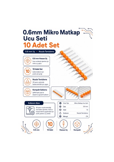 0.6mm Mikro Matkap Ucu Seti - Nozzle Temizleme Ucu 10 Adet