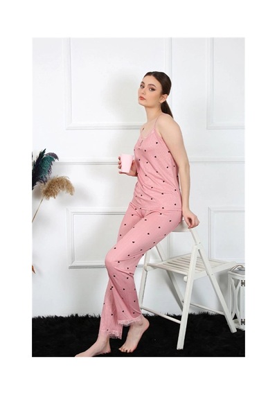 İkikareshop Kadın İp Askılı Somon Pijama Takım Çok Renkli
