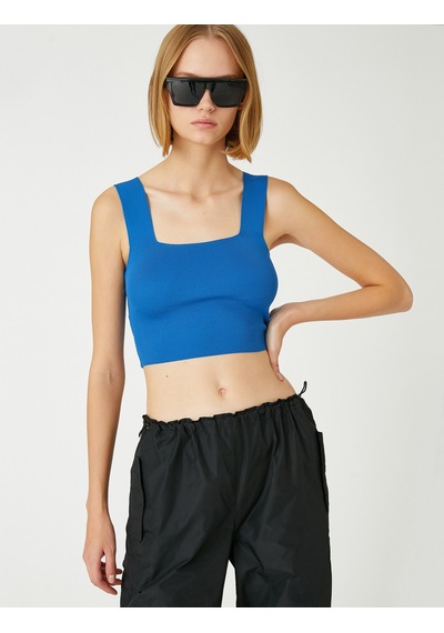 Koton Crop Atlet Kalın Askılı Kare Yaka Saks 3wak30017ht Saks Mavi