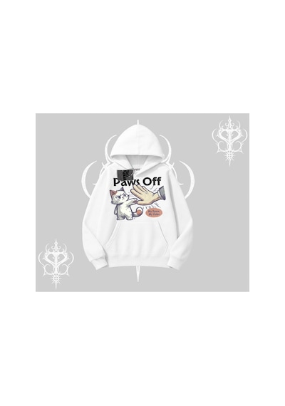 Tarzsokak Paws Off Yazılı Kedi Baskılı Streetwear Kapşonlu Sweatshirt Beyaz