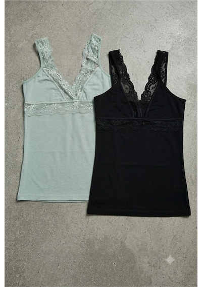 Demirsa Boutique Modal Kumaş Dantel Askılı V Yaka Yeşil Ve Siyah Renk 2'li Kadın Atlet Yeşil-siyah Demirsa Boutique Modal Kumaş Dantel Askılı V Yaka Yeşil Ve Siyah Renk 2'li Kadın Atlet Yeşil-siyah