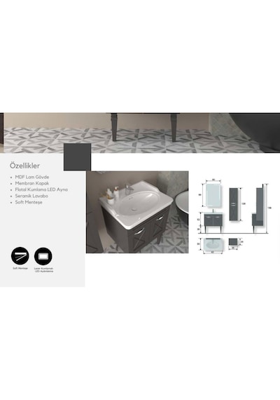 Evros Sofya 65 cm Banyo Dolabı Antrasit - Gri