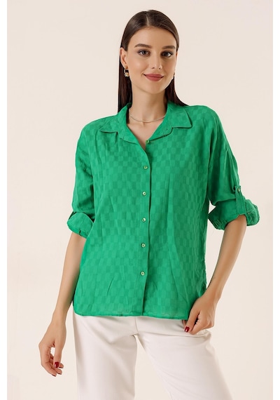 By Saygı Önden Düğmeli Polo Yaka Kolları Katlamalı Düğmeli Gömlek Koyu Yeşil-33724 Koyu Yeşil By Saygı Önden Düğmeli Polo Yaka Kolları Katlamalı Düğmeli Gömlek Koyu Yeşil-33724 Koyu Yeşil