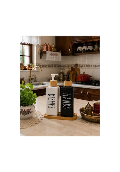 Buççin Online Mağaza Bambu Altlıklı İkili Kare Cam Sıvı Sabunluk Deterjan Seti 500ml+500ml Cam Beyaz Çok Renkli
