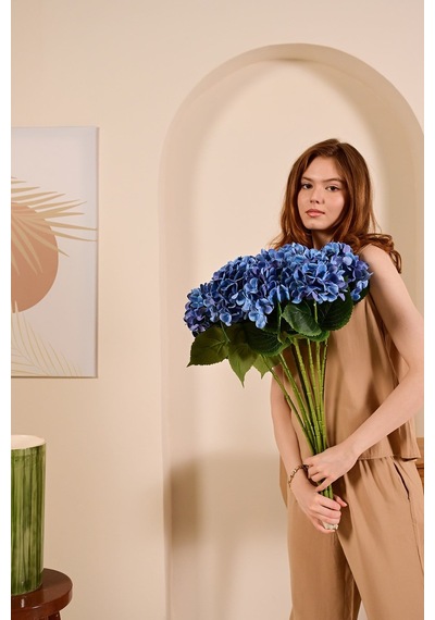 Saks Mavi Yapay Ortanca Çiçeği Tek Dal Premium Canlı Islak Dokulu 68 Cm