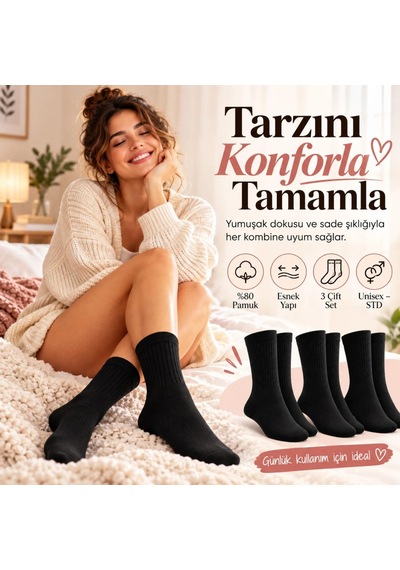 Bezos Unisex Siyah Soket Çorap 12'li Set Düz Basic Ribanalı Günlük Spor Esnek Rahat Uzun Çorap Konforlu Set 22