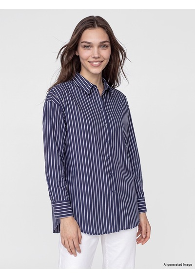 Lcw Modest Lacivert Çizgili Oversize Kadın Gömlek Tunik