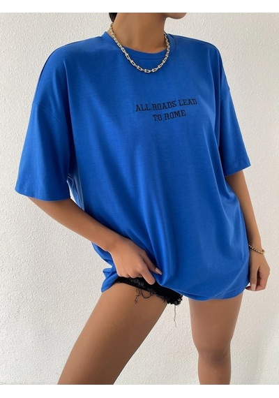 To Rome T-shirt - Saks Mavi Baskılı Oversize Bisiklet Yaka Kısa Kol Tişört Saks Mavi