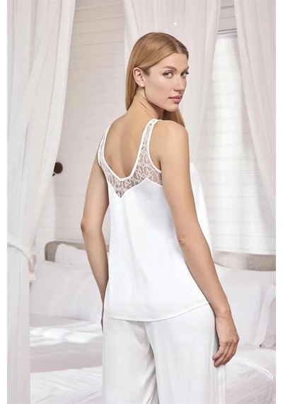 Ang Butik Kadın Dantelli Ve Dekolteli Saten Pijama Takımı BEYAZ